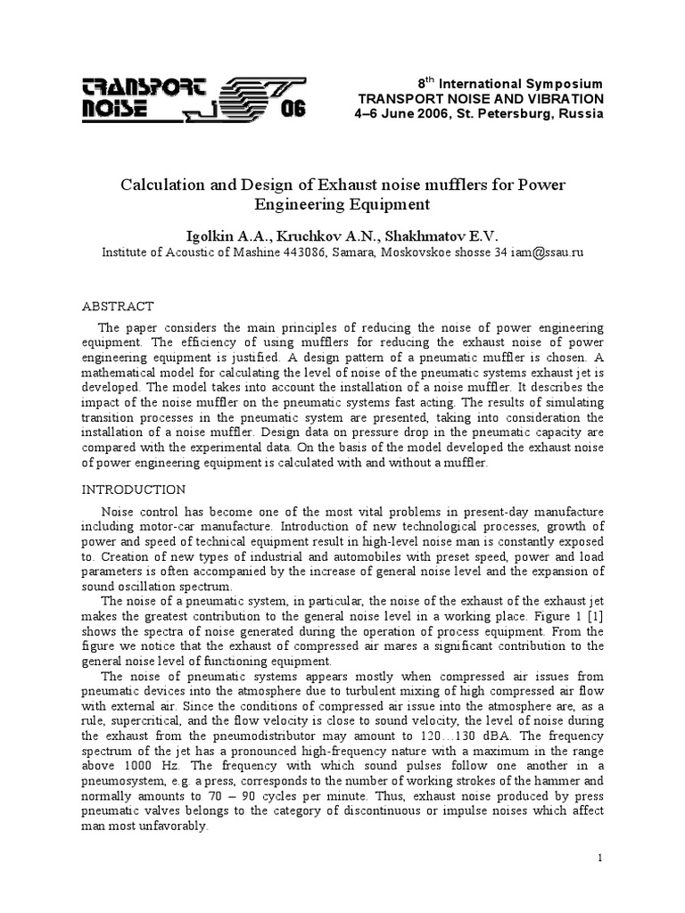 Calculation and Design of Exhaust Noise Mufflers For Power Engineering