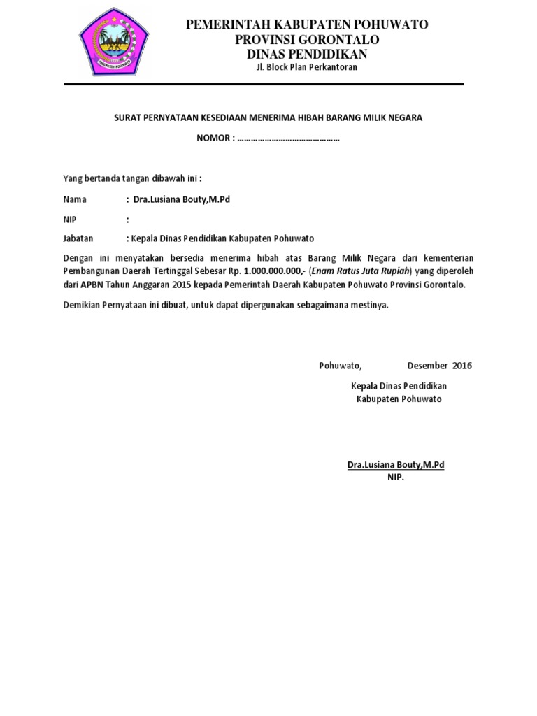 Surat Pernyataan Kesediaan Menerima Hibah Oke Pohuwato Pdf