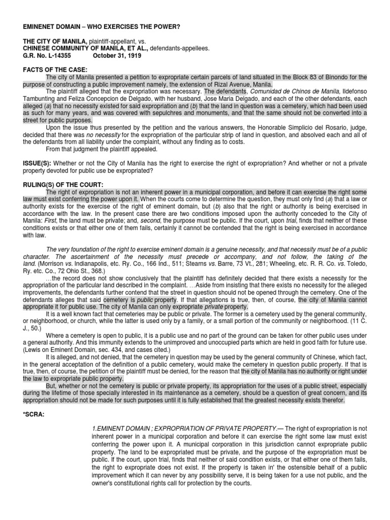 Manila's Expropriation Case Overview | PDF | Eminent Domain | Common Law