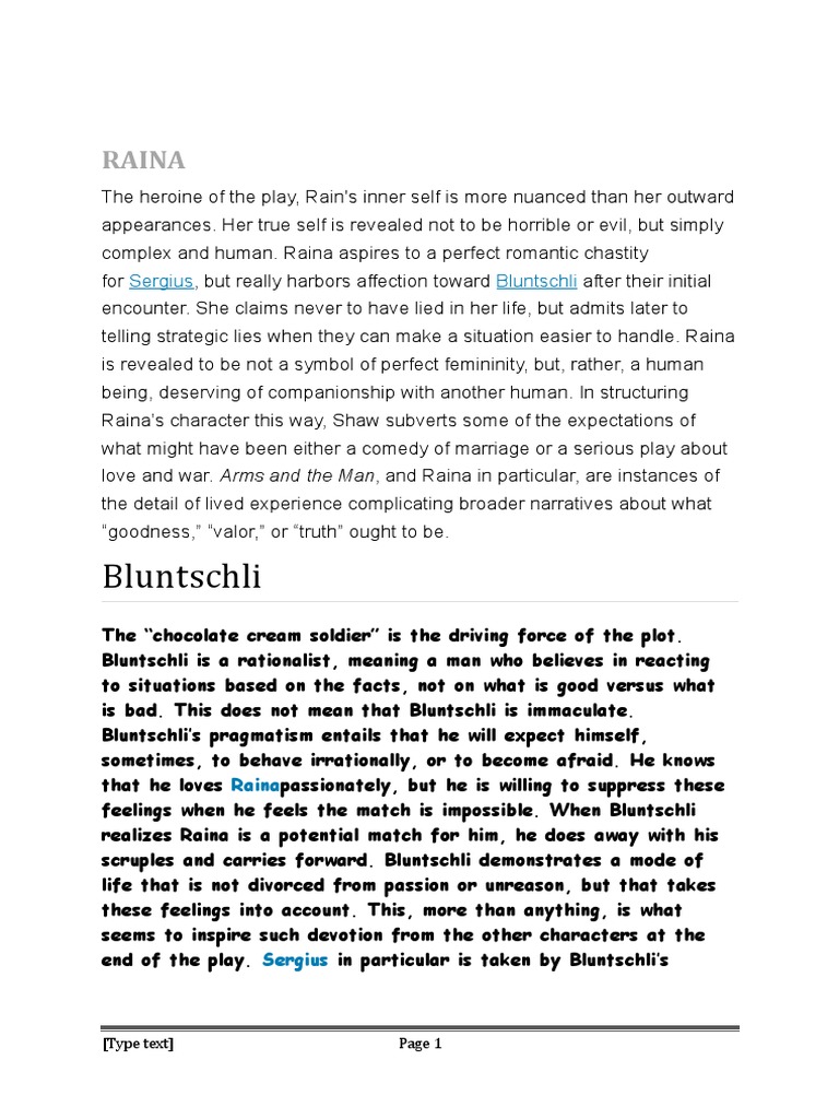 Character Analysis of Raina, Bluntschli, Sergius, and Important Themes