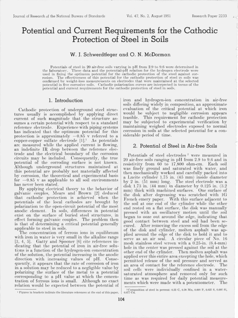 Potential and Current Requirements For The Cathodic Protection of Steel ...
