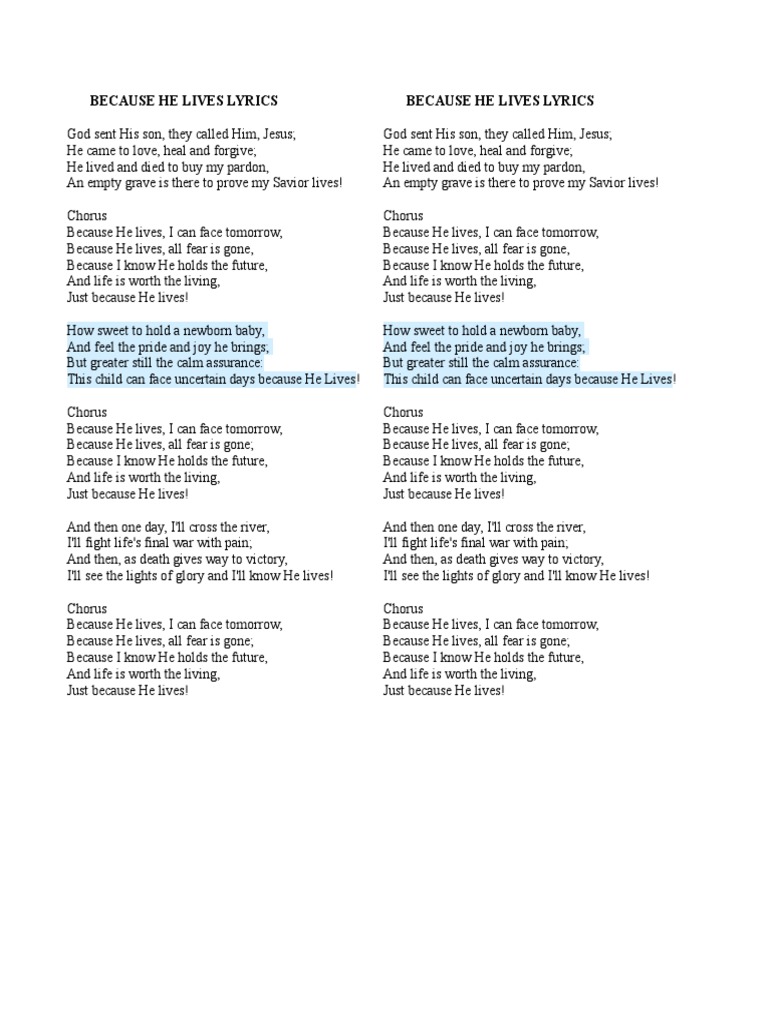 Because He Lives: Hymn Lyrics | PDF | Grace In Christianity | God In ...