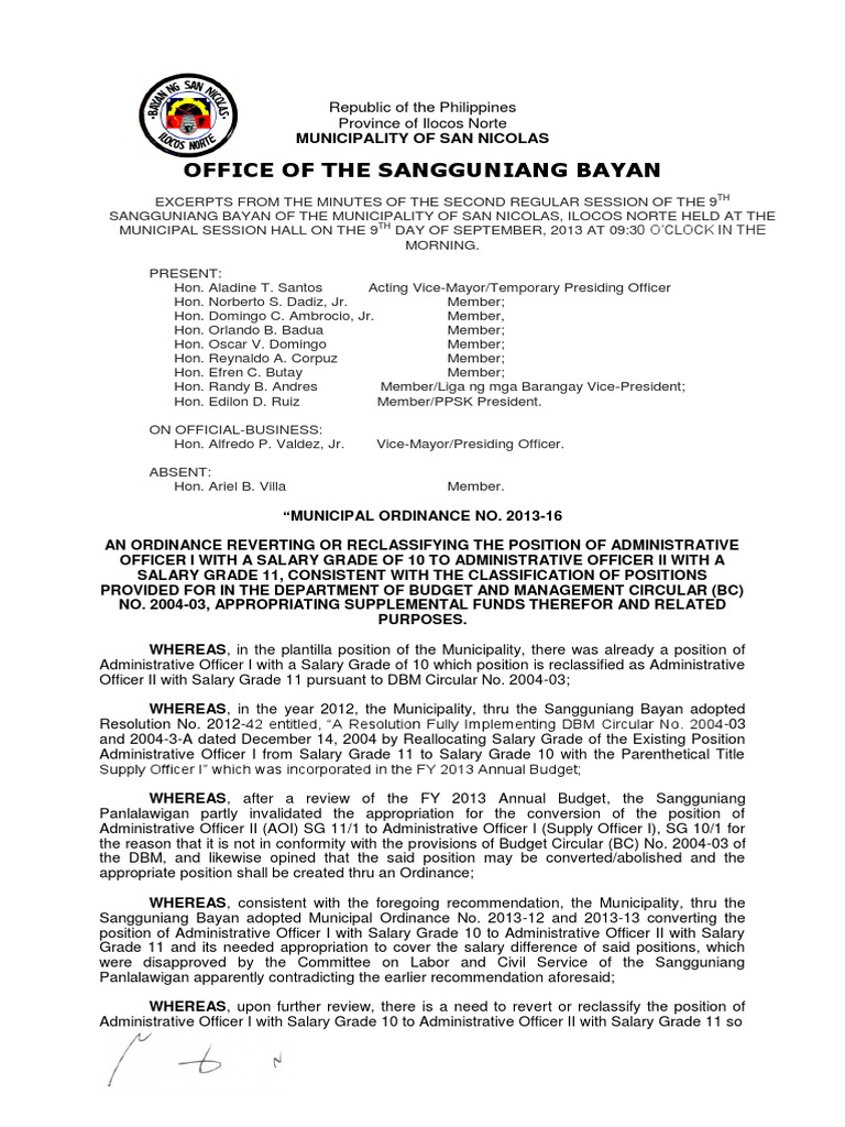 Sample Ordinance for Reclassifying Position Philippines Politics