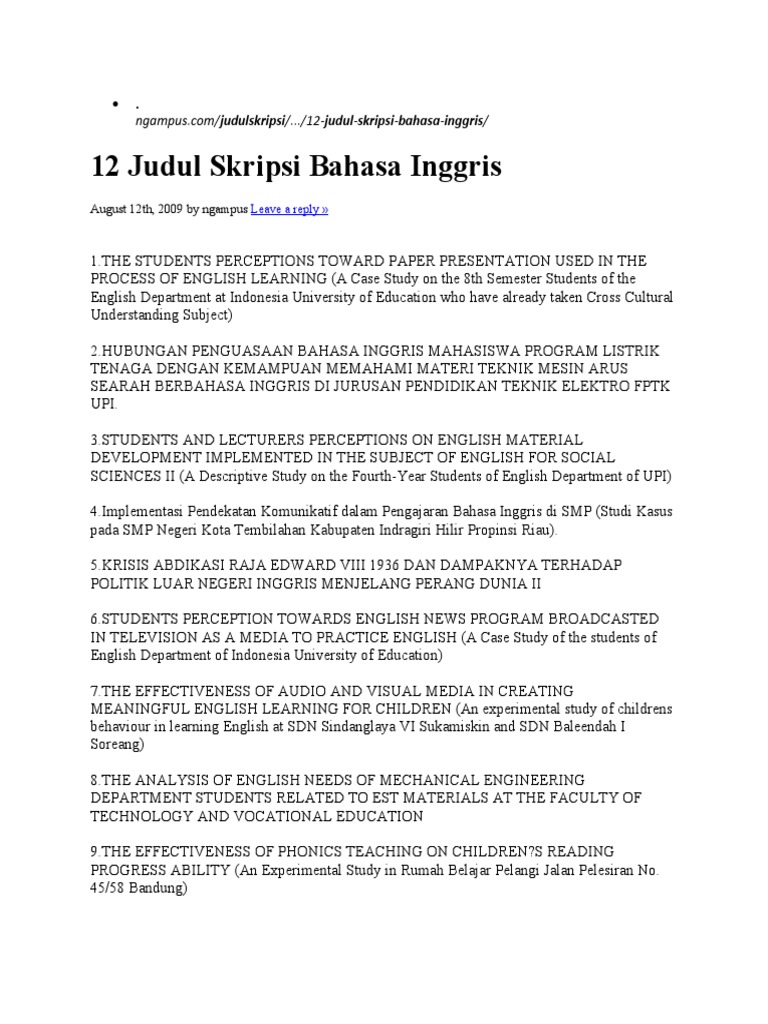 12 Judul Skripsi Bahasa Inggris