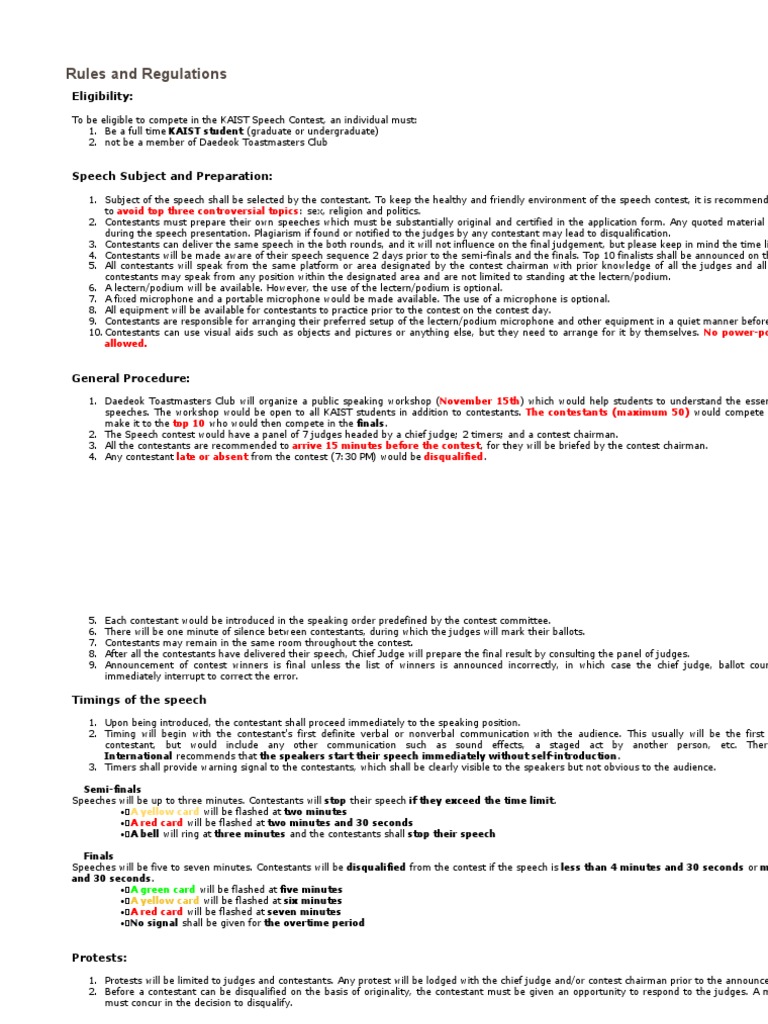 Rules and Regulations SPEECH CONTEST Speech Neuropsychological Assessment