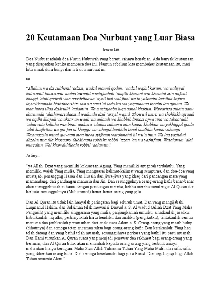 20 Keutamaan Doa Nurbuat Yang Luar Biasa