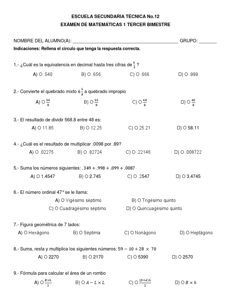 Examen 3er Bimestre Matematicas 1 Secundaria