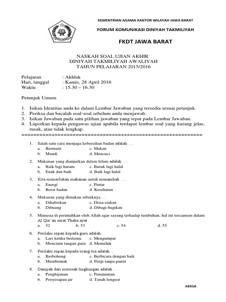 Soal Uadta Akhlak 2016 Edit