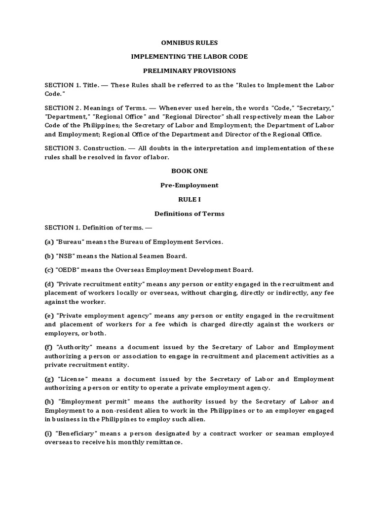 Omnibus Rules Implementing The Labor Code Preliminary Provisions PDF