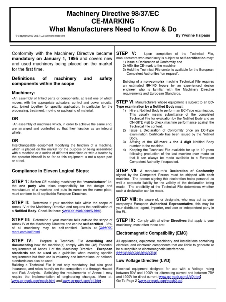 Machinery Directive 98/37/EC Ce-Marking What Manufacturers Need to Know ...