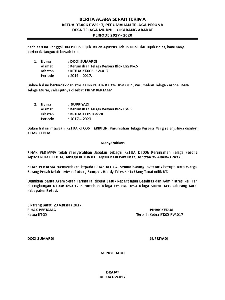 By B Hints Contoh Berita Acara Serah Terima Jabatan Ketua Rt