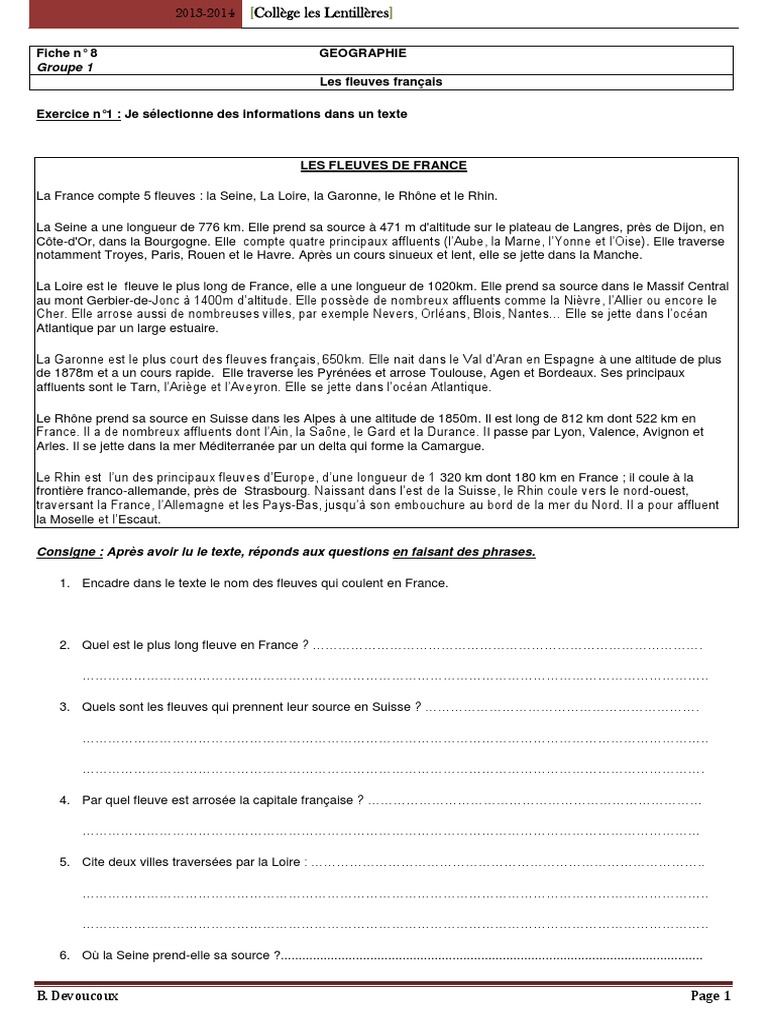 Affluent De La Seine En 5 Lettres Fiche N-8 Les Fleuves Francais (Groupe 1) 322499 | PDF | Rhin | Eau