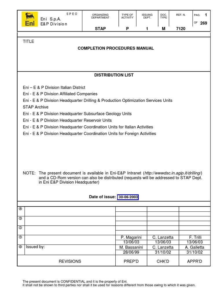 ENI Completion Procedures Manual | Casing (Borehole) | Industries