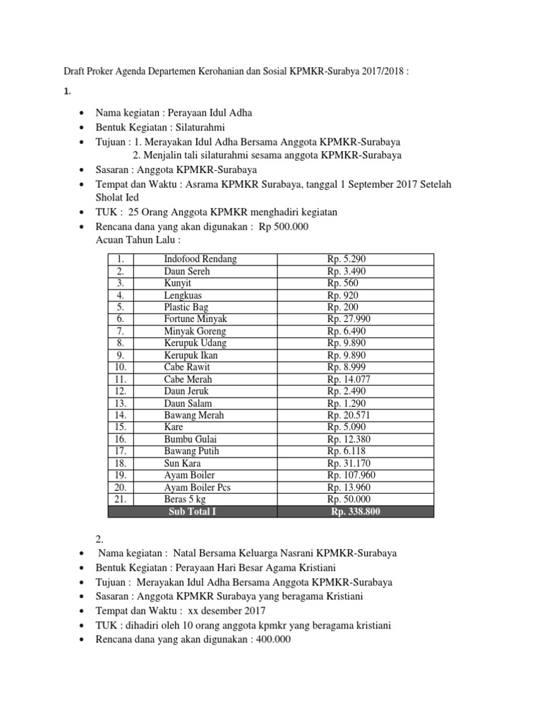 Draft Proker Agenda Departemen Kerohanian Dan Sosial KPMKR | PDF