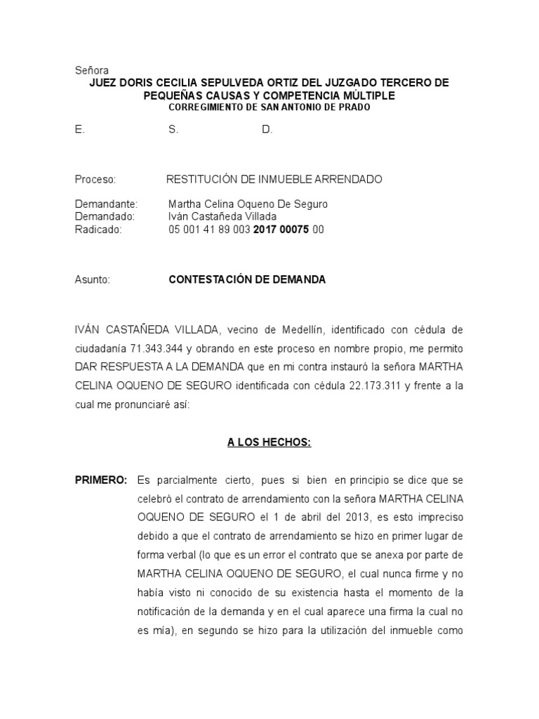 Contestación a Demanda de Restitución Inmueble | PDF | Pagos | Demanda ...