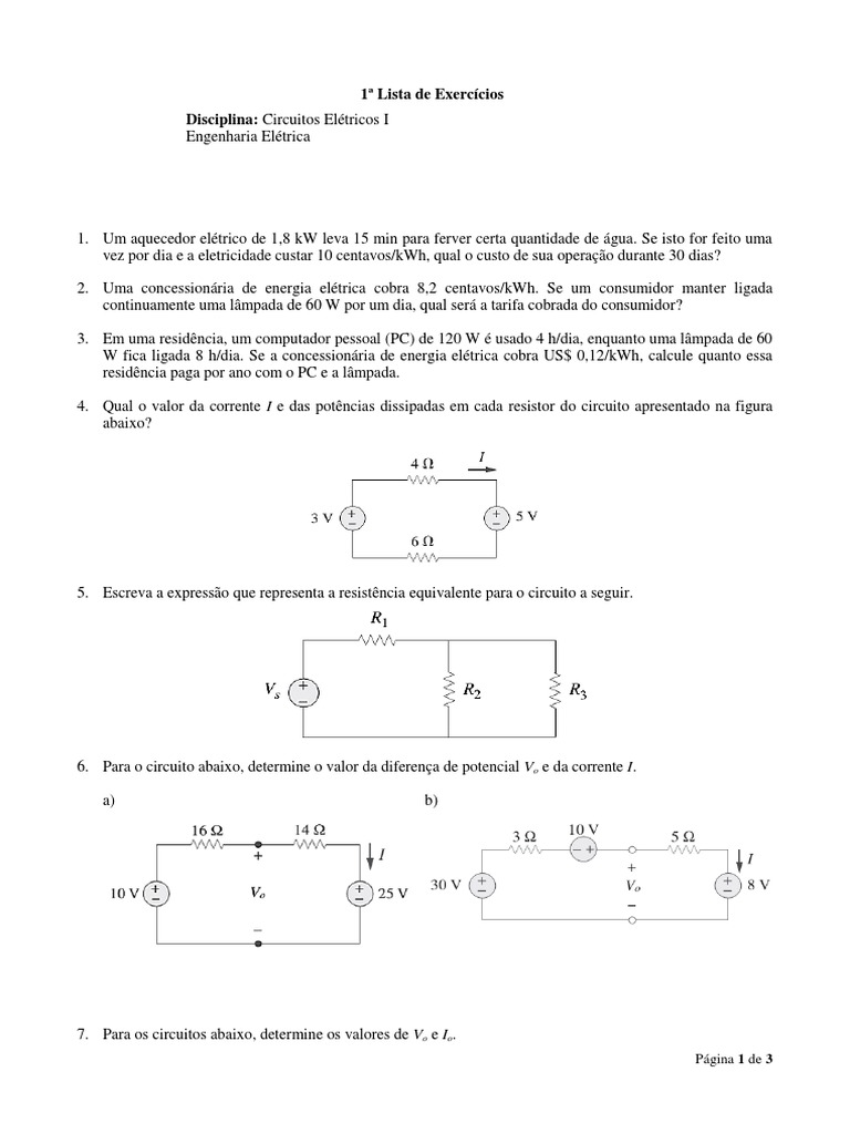 Lista Exercícios 01 - Circuitos Elétricos | Rede Elétrica | Resistor
