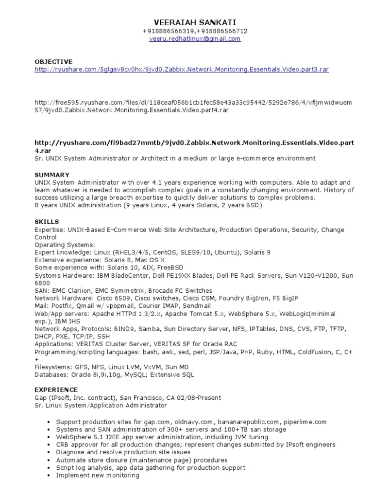 Senior UNIX System Administrator Profile | PDF | System Administrator ...