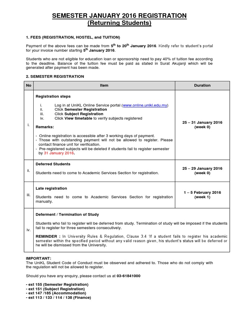 Semester January 2016 Registration (Returning Students) | PDF ...