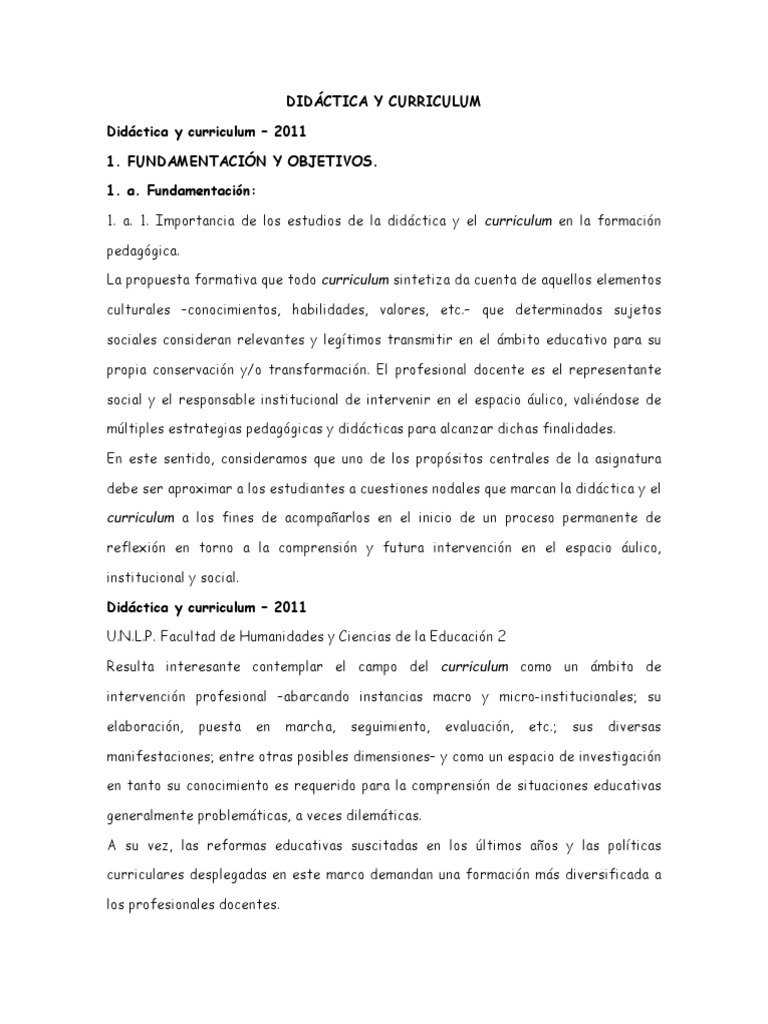Didáctica y Curriculum en Formación Docente | PDF | Plan de estudios ...