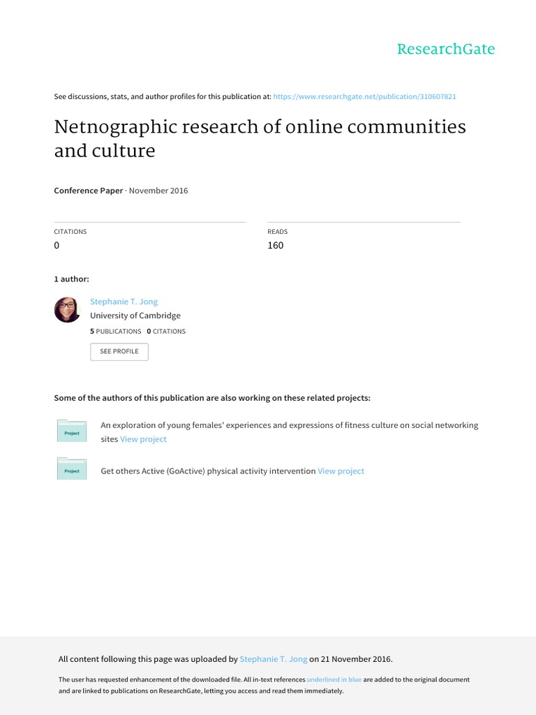 Jong S T Netnographic Research of Online Communities and Culture PDF ...