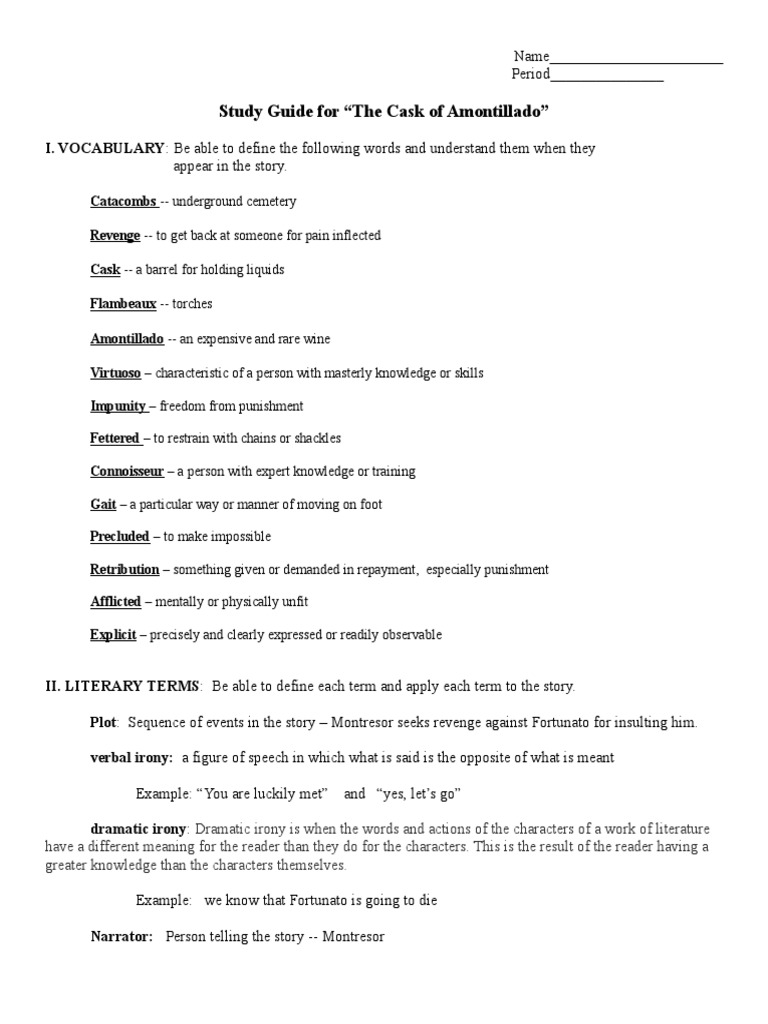 Cask Of Amontillado Study Guide Key