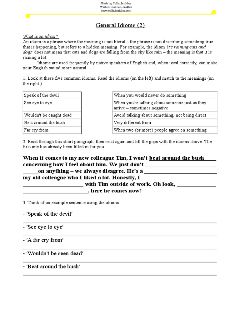 Idioms Worksheet 2 With Teachers Guide Doc Idiom Grammar