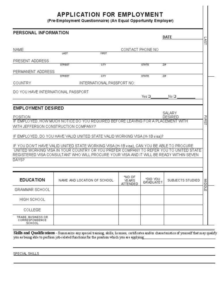 Application For Employment Form | PDF | H 1 B Visa | Travel Visa
