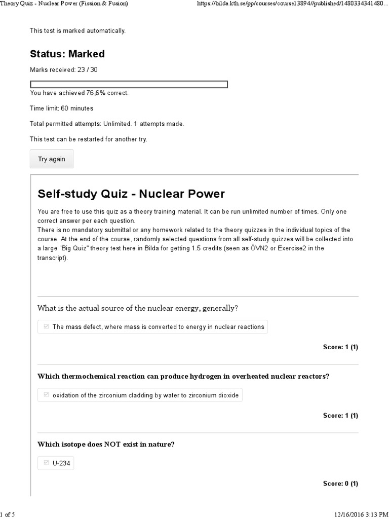 Nuclear Quiz | PDF | Nuclear Reactor | Nuclear Fission