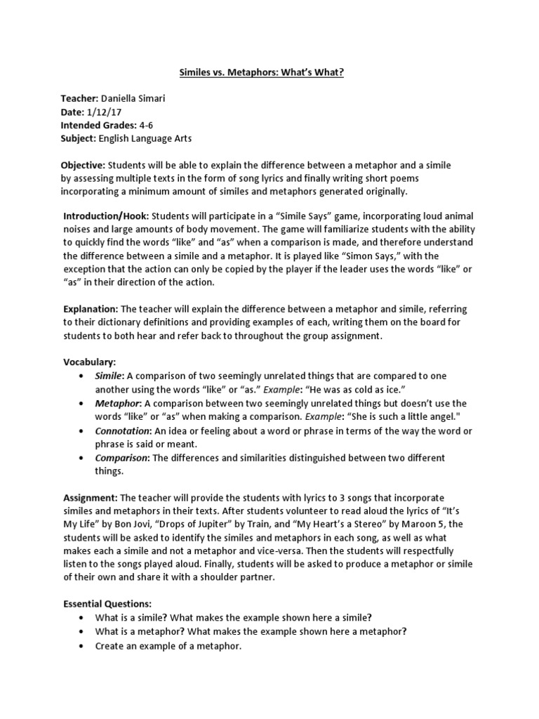 simile and metaphor lesson plan grades 4-6 | Metaphor | Reading