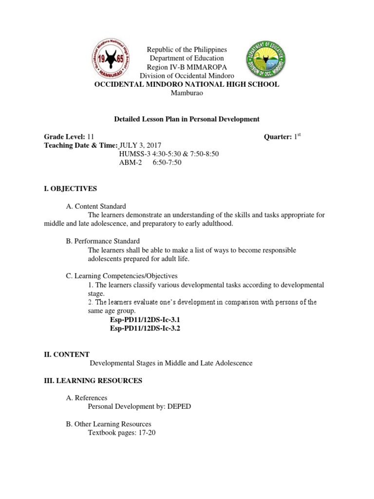 Grade 11 Personal Development Lesson Plan | PDF | Lesson Plan | Learning