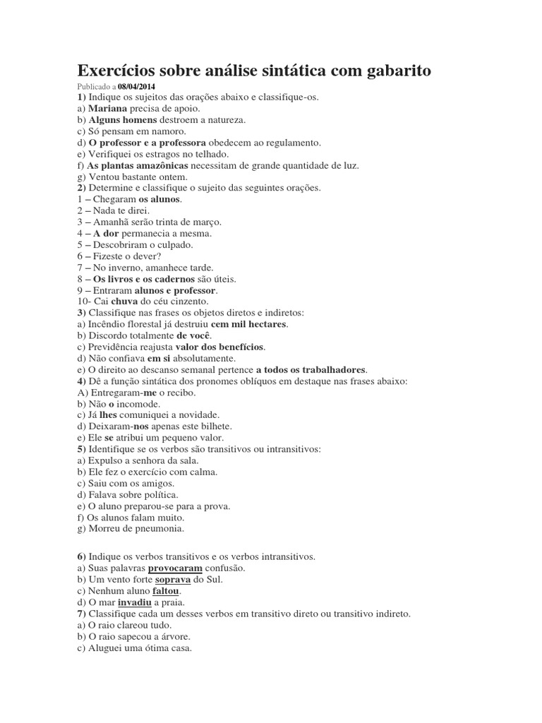 Exercícios Sobre Análise Sintática Com Gabarito | PDF | Gramática ...