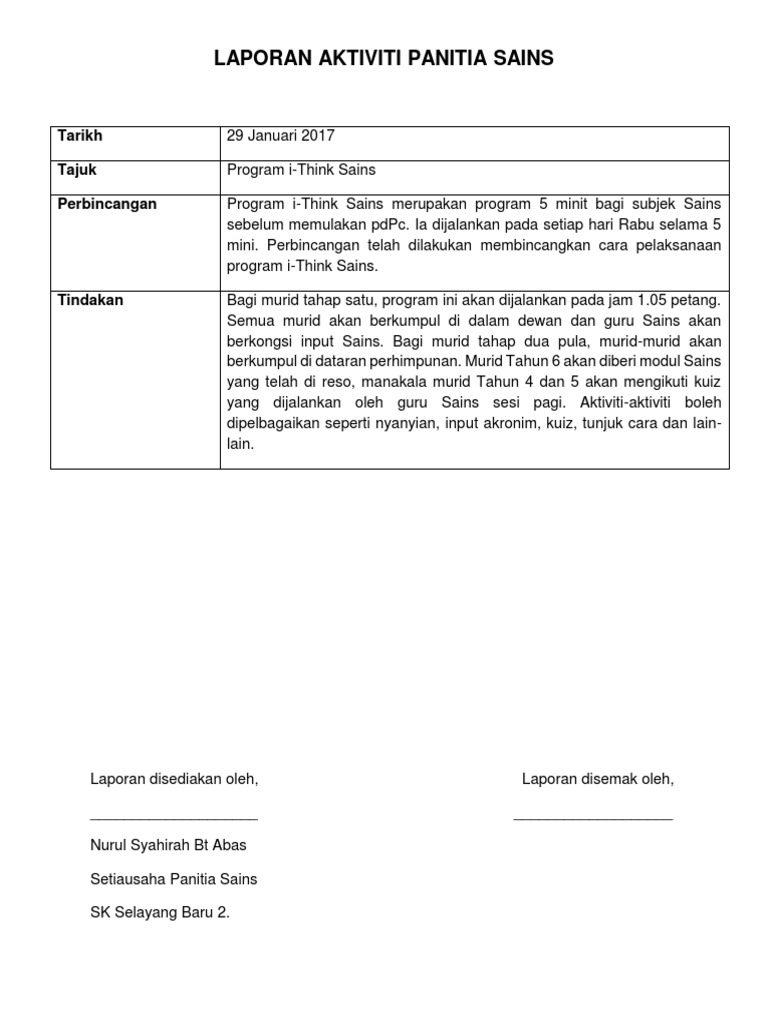 Laporan Aktiviti Panitia Sains