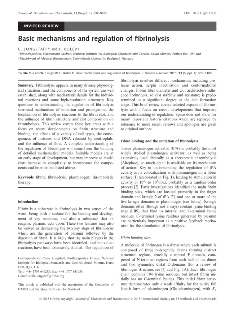Mechanism and Regulation of Fibrinolysis | PDF | Coagulation | Enzyme ...