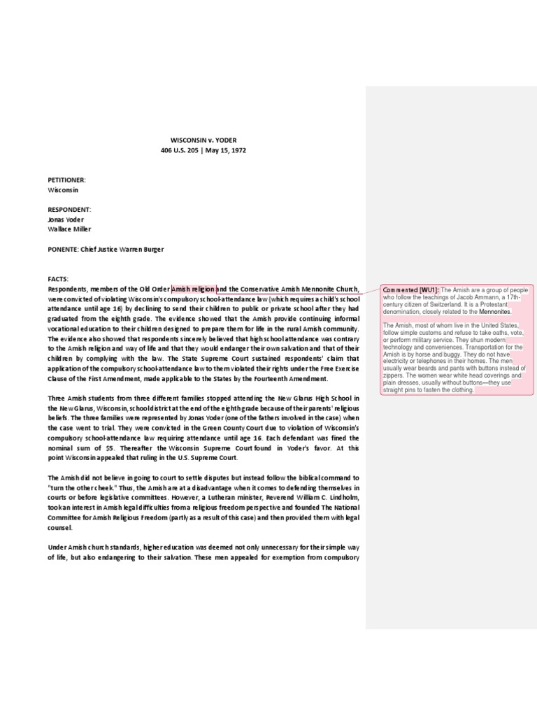 Wisconsin v. Yoder Case Overview | PDF | Amish | Free Exercise Clause