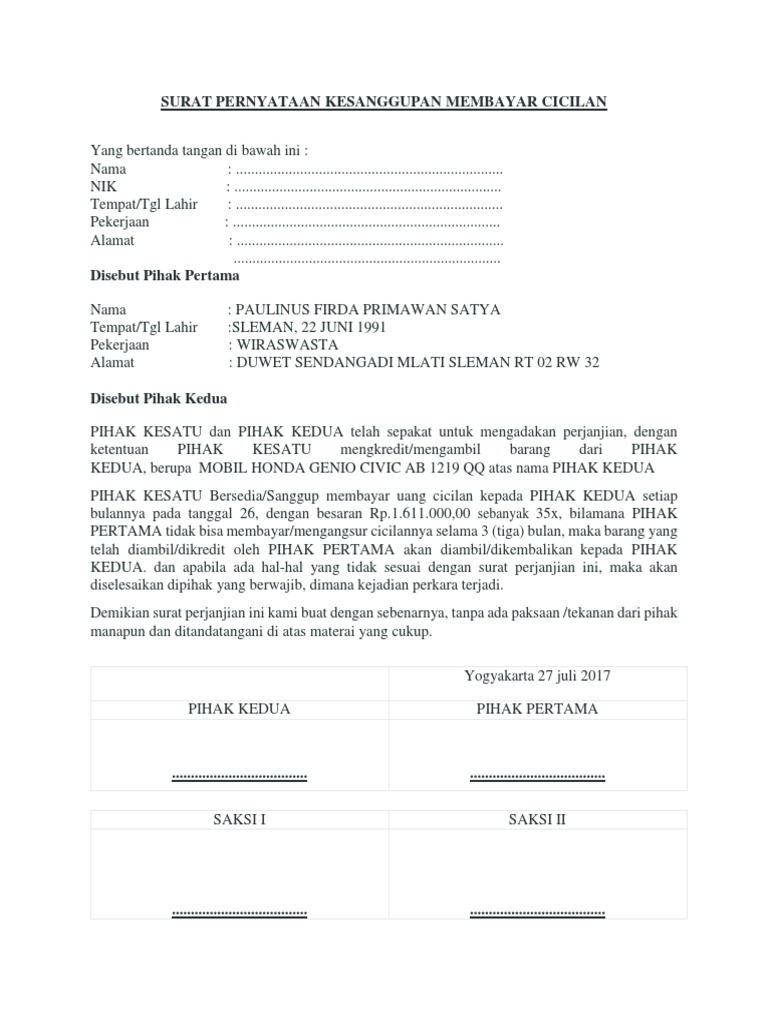 Contoh Surat Pernyataan Janji Bayar Angsuran Surat Mahasiswa