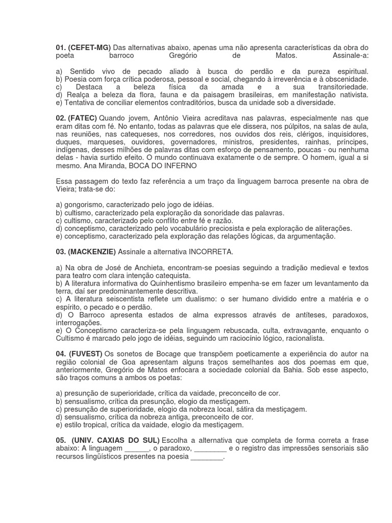 Questões Sobre O Barroco Brasileiro Com Gabarito