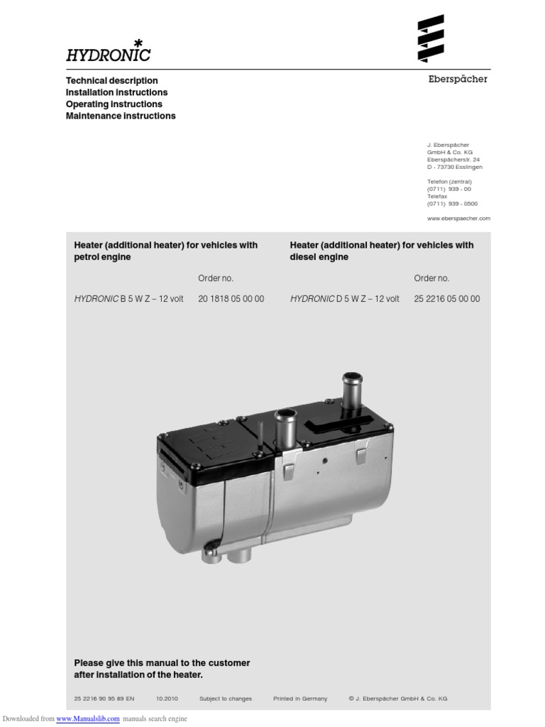 Eberspacher Hydronic D5WZ Manual | PDF | Diesel Engine | Exhaust Gas