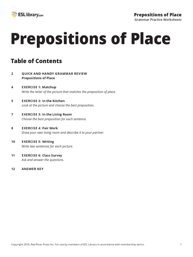 Worksheets Esl Library Grammar Practice Worksheets prepositions of place teacher copy preposition and postposition noun