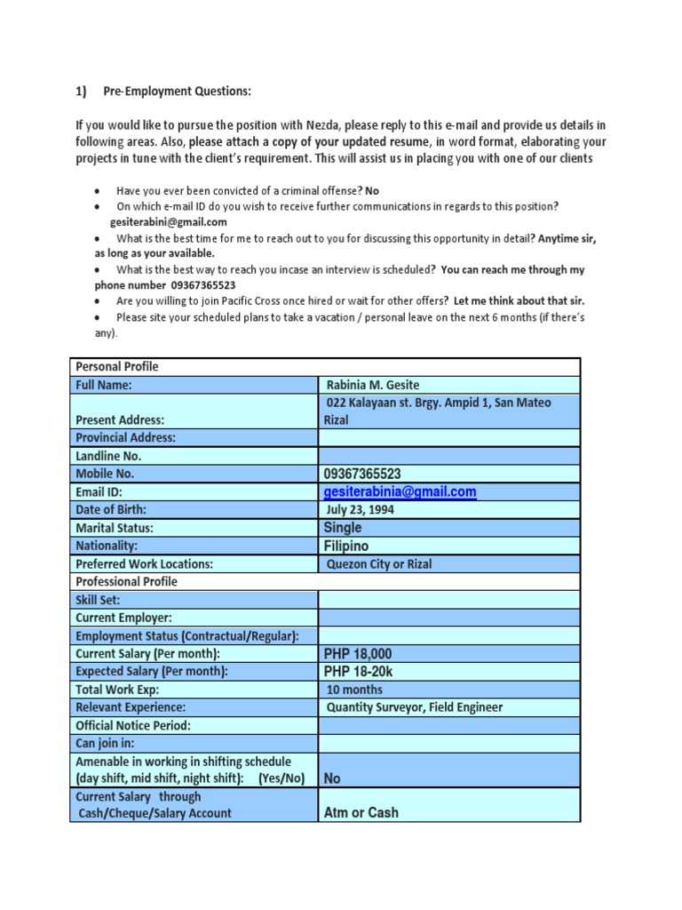 Pre-Employment Questions | PDF | Business