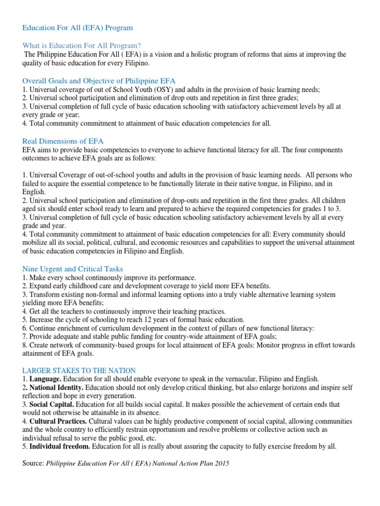 What is education for all program pdf literacy competence human