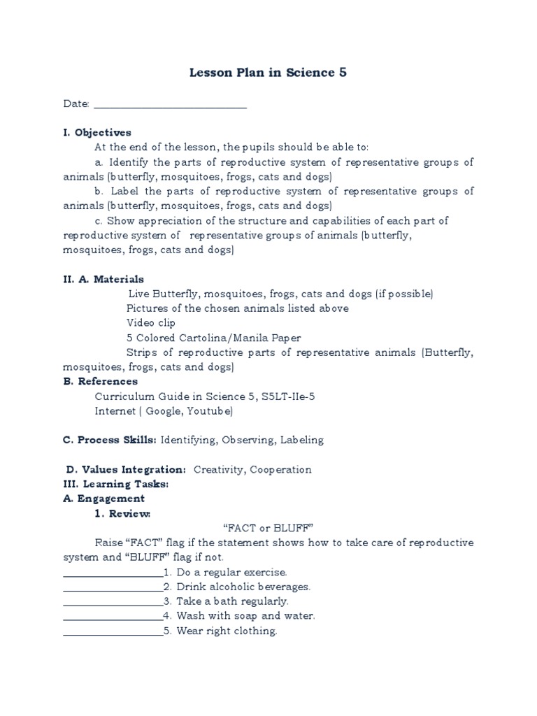 Lesson Plan In Science 5 Identify Parts Of The Reproductive System Lesson Plan Reproduction