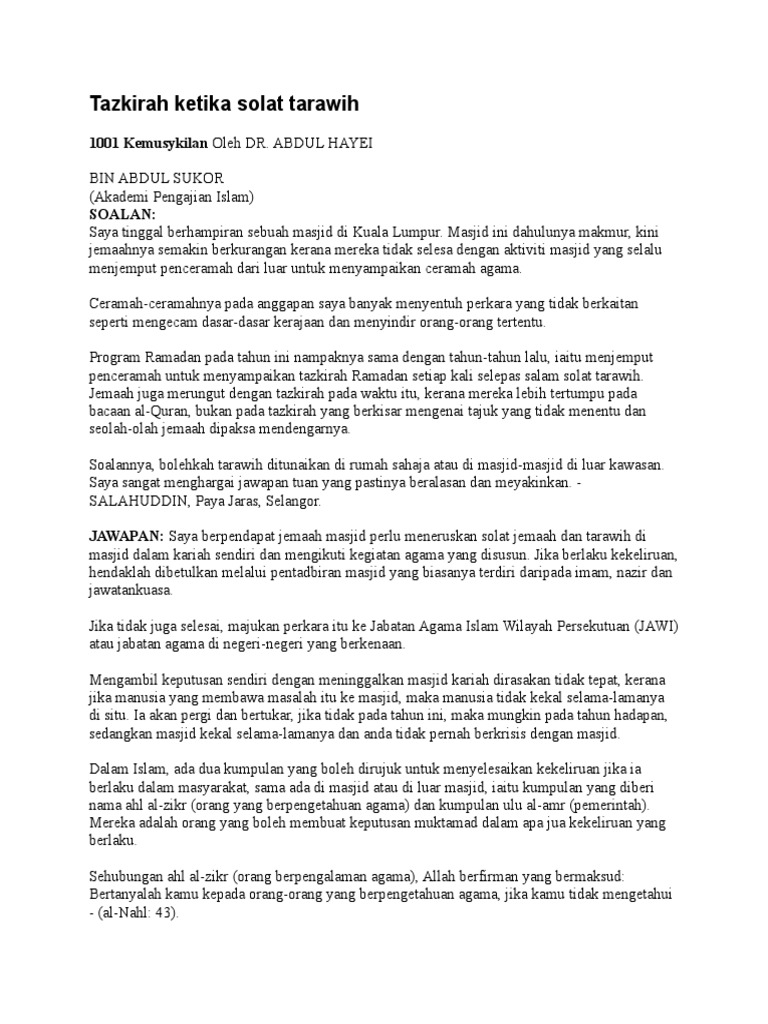 Tazkirah Ketika Solat Tarawih Pdf