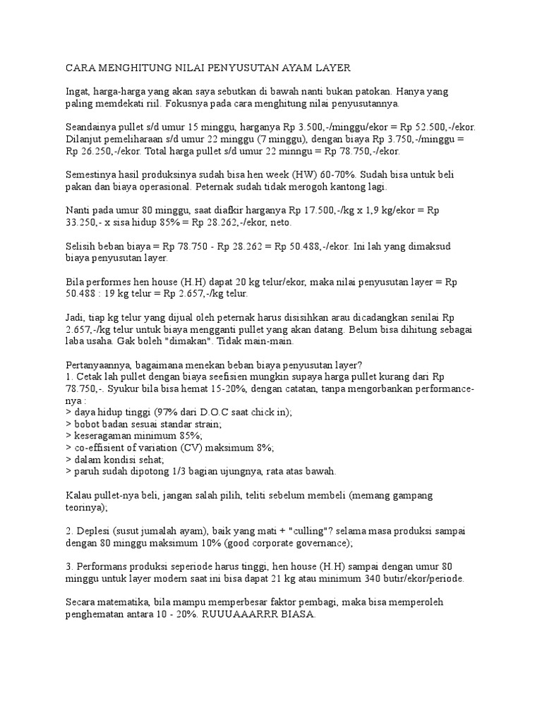 Cara Menghitung Nilai Penyusutan Ayam Layer