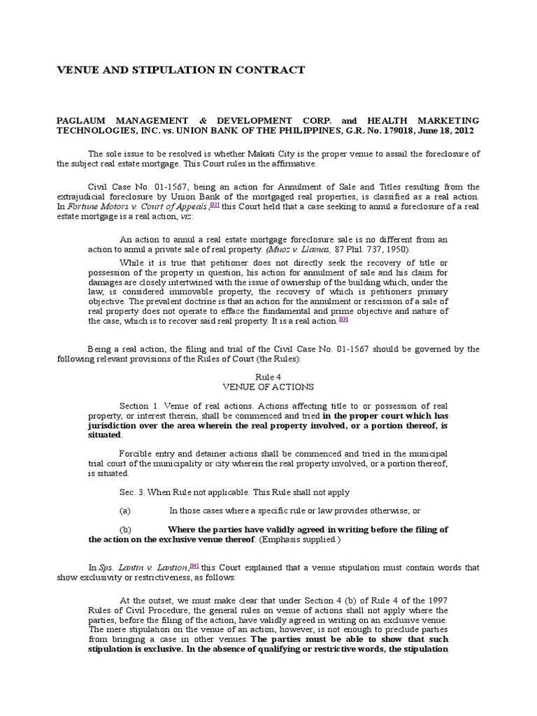 Venue and Stipulation in Contracts PDF Venue (Law) Mortgage Law