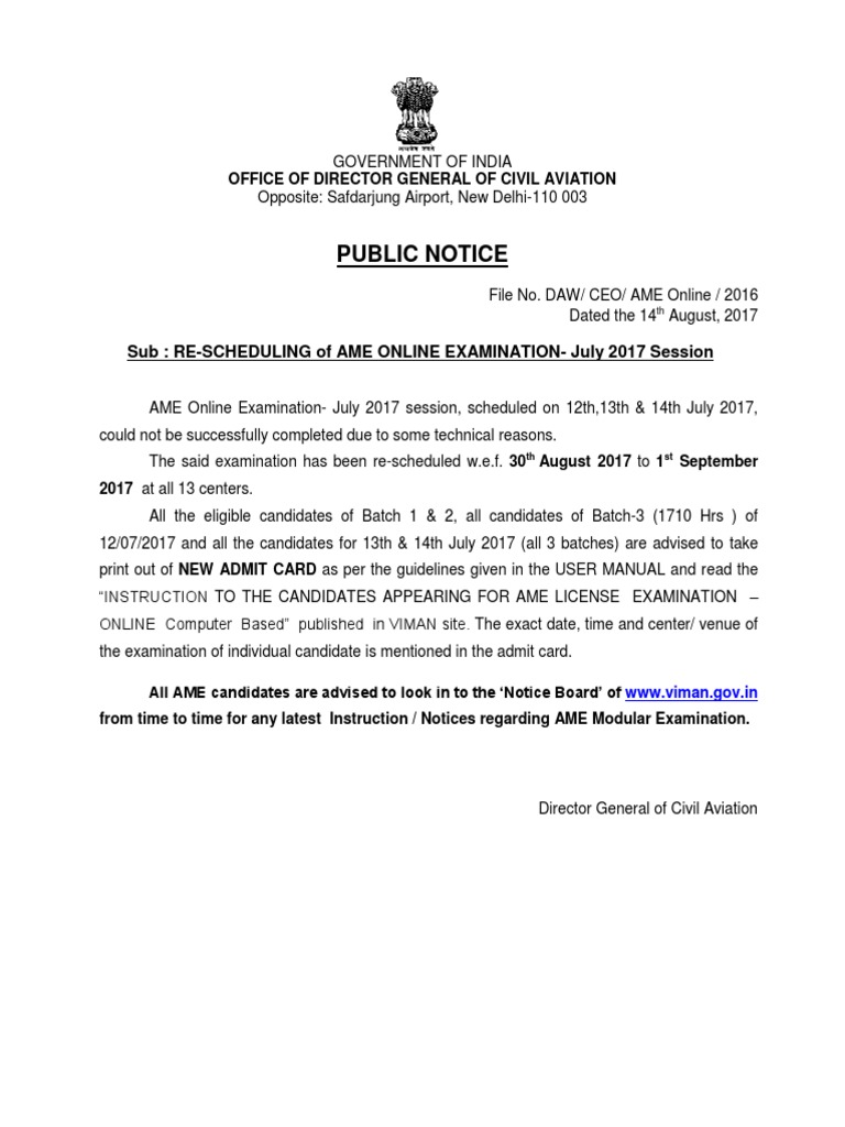 AME Online Exam Rescheduled Notice | PDF