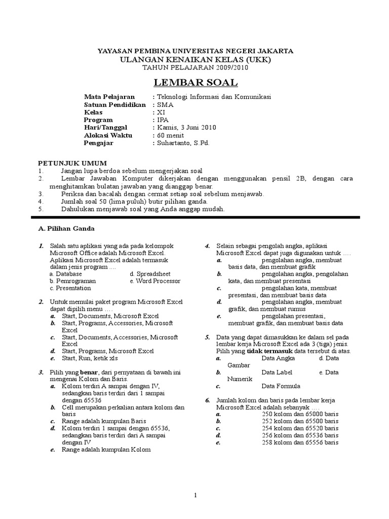 Soal Ulangan Pilihan Ganda Microsoft Excel 2010 Guru Paud