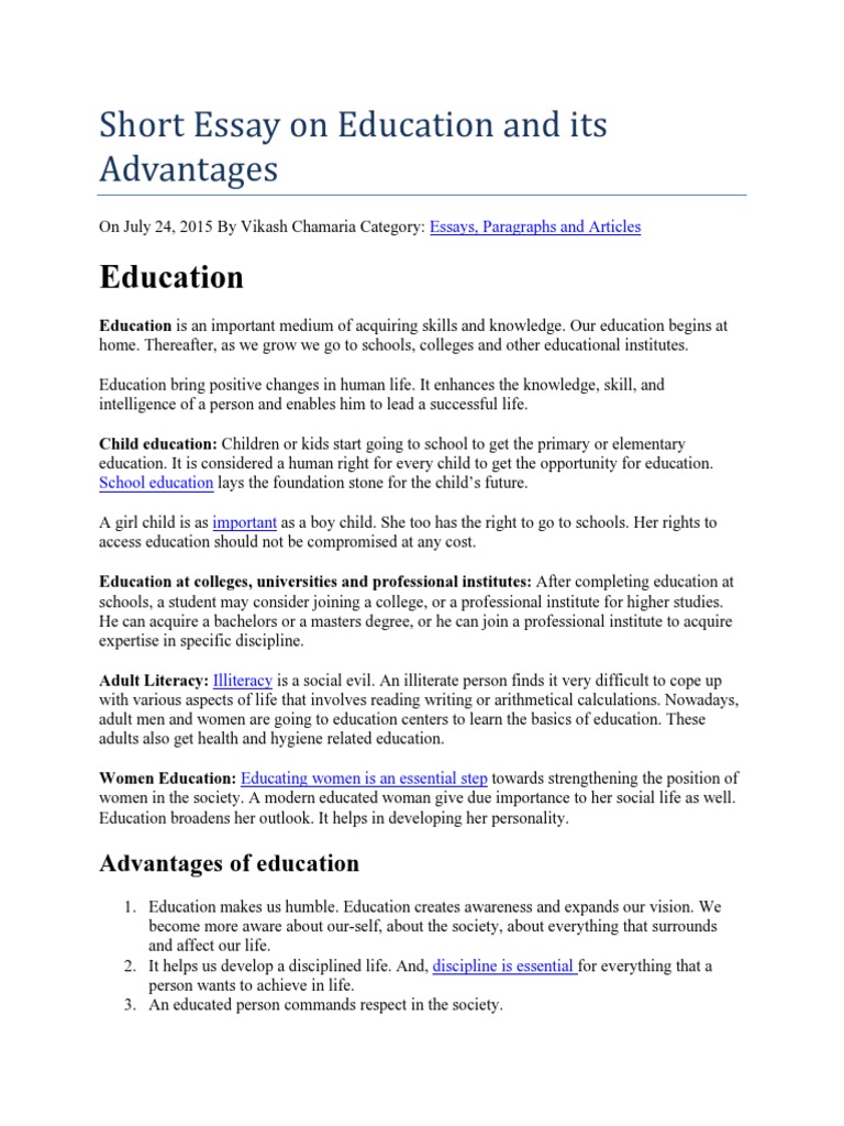 Short Essay On Education and Its Advantages | PDF | Literacy | Quality ...