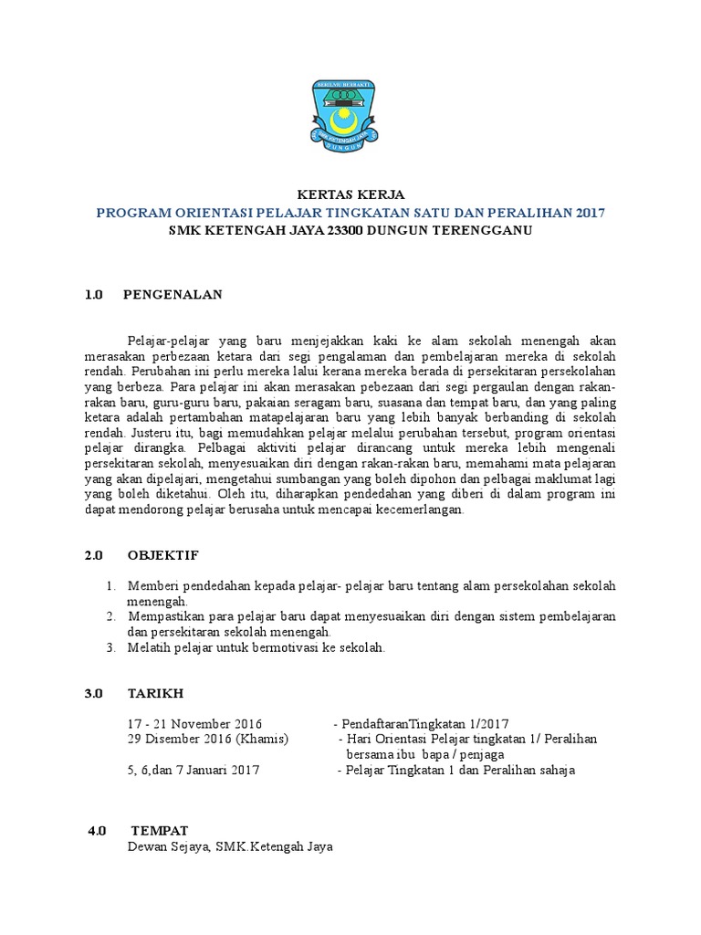 Kertas Kerja Hari Orientasi Tingkatan 1