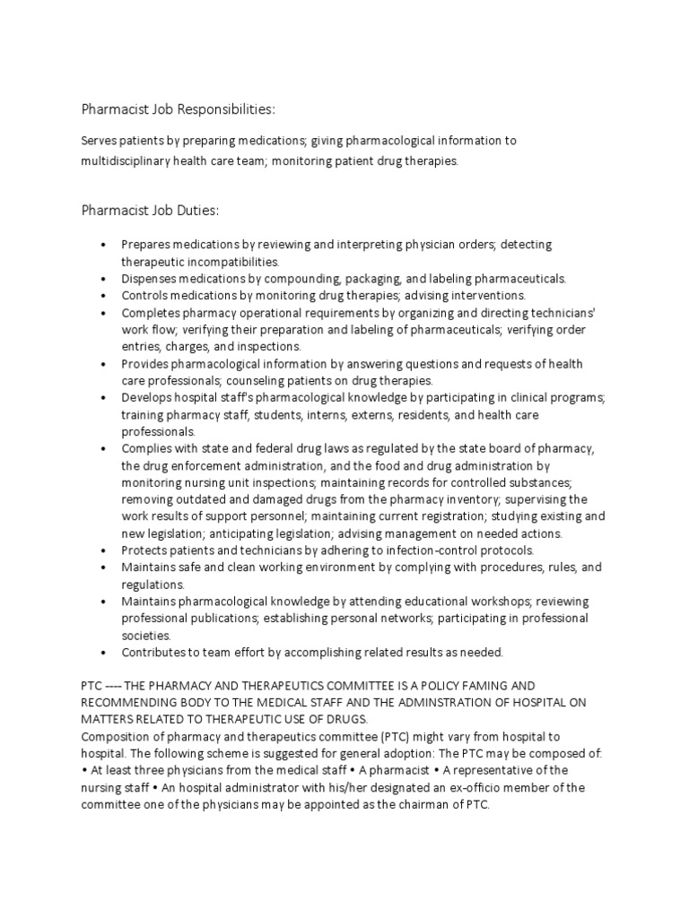 Pharmacist Job Responsibilities PDF Pharmacy Pharmaceutical Drug