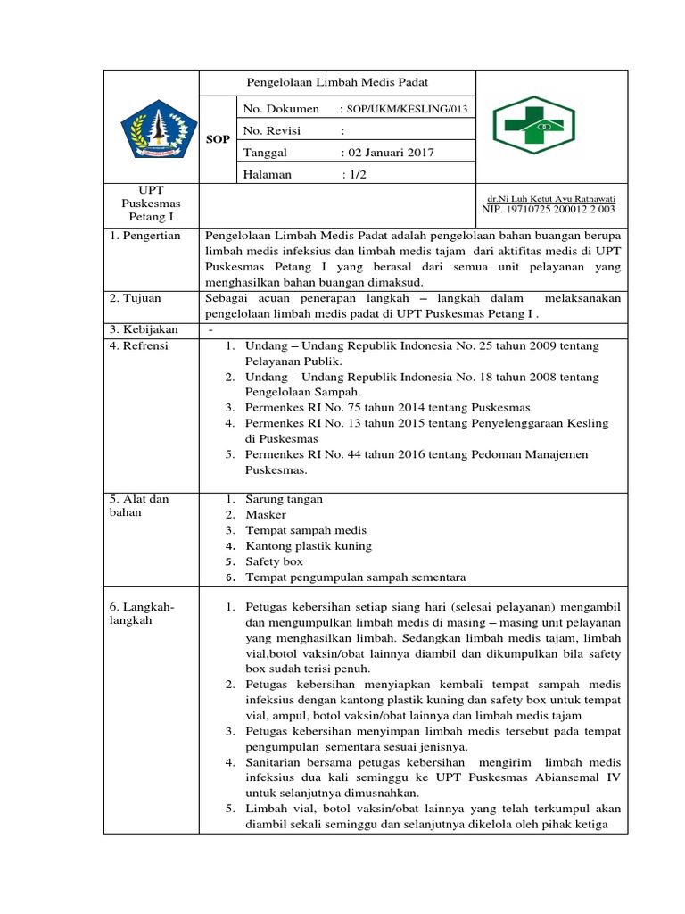 Sop Pengelolaan Limbah Medis Padat